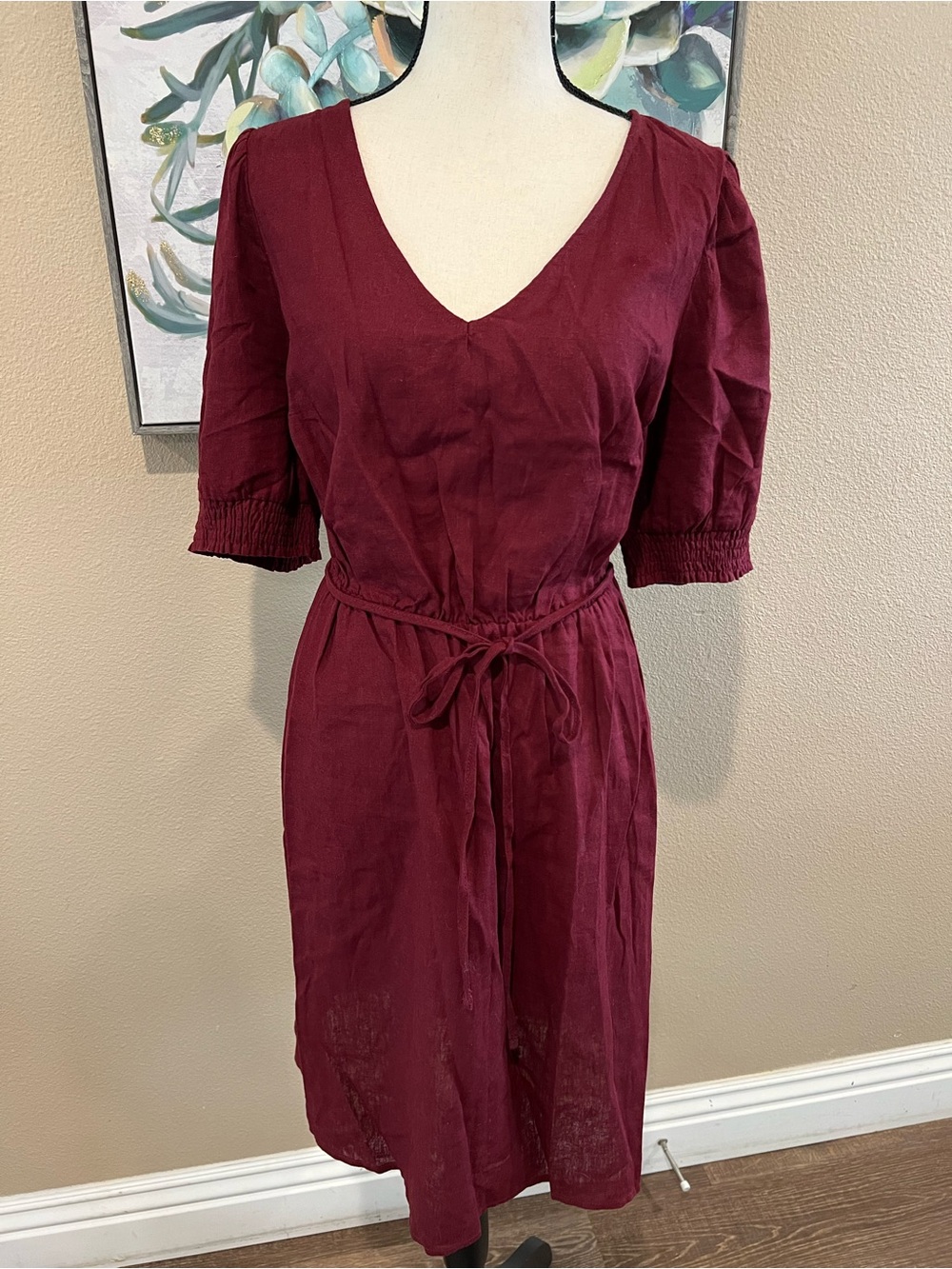 Ava & Viv Deep Burgundy V-Neck Tie-Waist Midi Dress